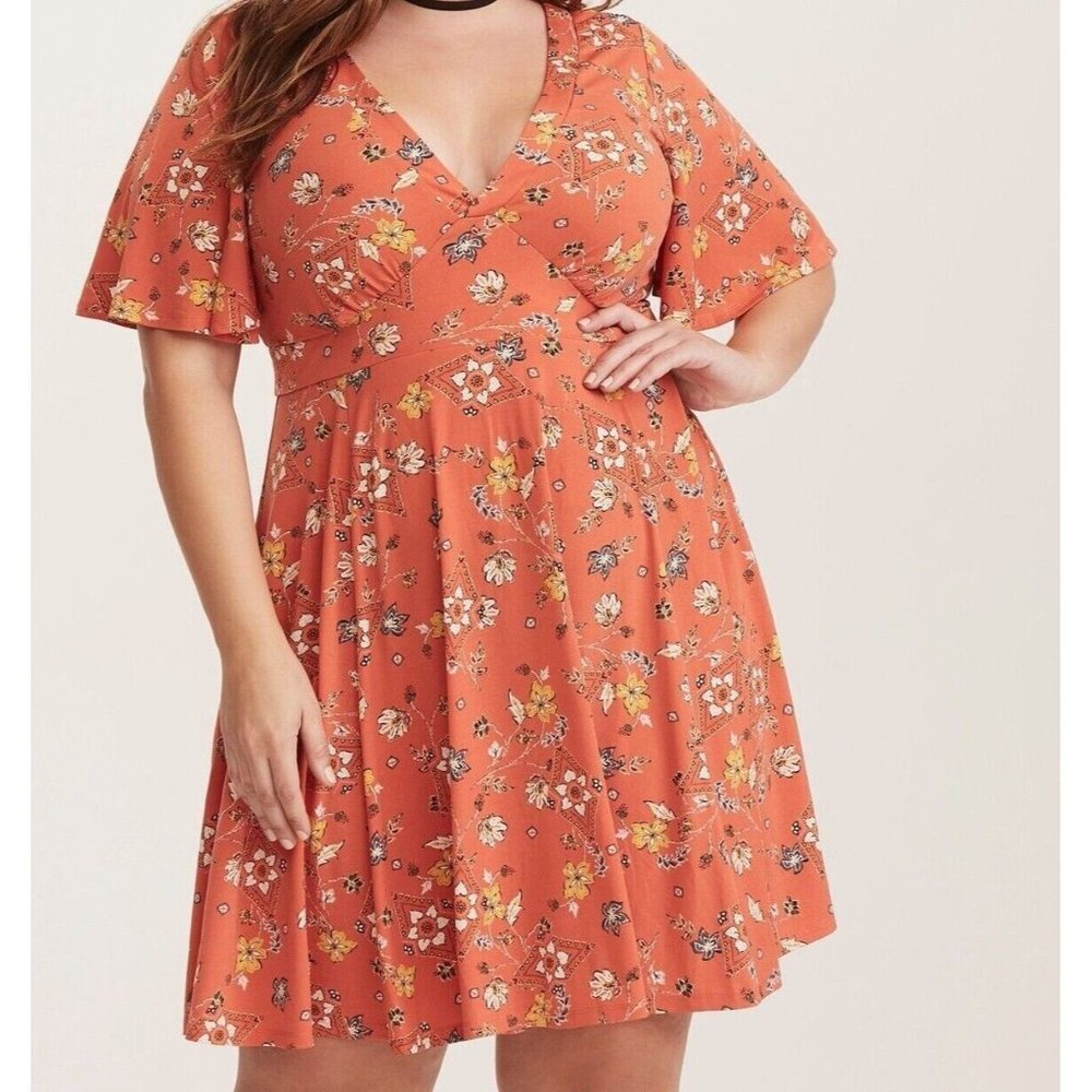 Torrid Dress Floral Print Flutter Sleeve Knee Length Fit & Flare Orange Size 4